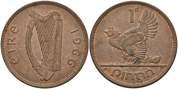 Ирландия 1 пенни 1966 курица с цыплятами KM 11 бронза 4144-1124