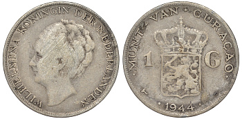 Нидерландское Кюрасао 1 гульден 1944 D, Вильгельмина (1890-1948) KM 45 серебро 36-457