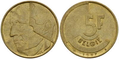 Бельгия 5 франков 1987 Belgie, Бодуэн I (1951-1993) KM 164 алюминиевая бронза 4601-313