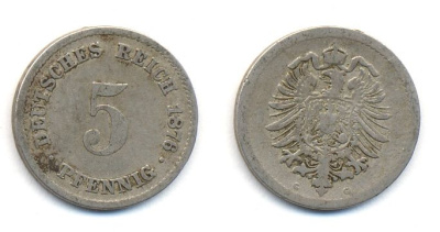 ГЕРМАНИЯ 5 ПФЕННИГОВ 1876 G, СТАРОГЕРБОВКА KM 3, J.3 медно-никель 35-1157