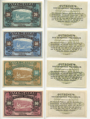 Австрия набор из 4 банкнот 1920 25 мая 1920-30 июня 1921-31 июля 1921, нотгельд, 20, 40, 50, 80 геллеров, PRESSBAUM   бумага  aUNC  7555-8-4-2