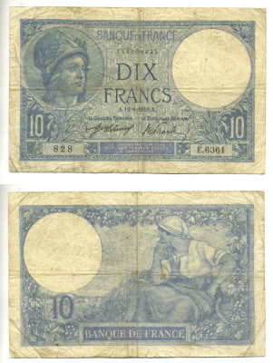 ФРАНЦИЯ 10 ФРАНКОВ 1918 12 АВГУСТА 1918 Pick 73a бумага 3295-10-3