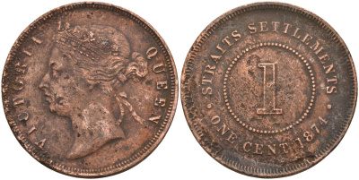Стрейтс-Сетлментс 1 цент 1874 Виктория (1837-1901), Ост-Индская компания KM 9 медь 4590-325