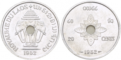 Лаос 20 центов 1952 король Сисаванг Вонг (1904-1959), слоны KM 5 алюминий UNC 3457-522