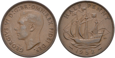 Великобритания 1/2 пенни 1952 Георг VI (1936-1952) KM 868, Spink 4118 бронза 4592-336