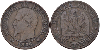 ФРАНЦИЯ 5 САНТИМОВ 1856 K, НАПОЛЕОН III (1852-1870) KM 777.5, LA FRANC 116.34 бронза 28-633