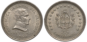 Уругвай 25 сентесимо 1969 Хосе Хервасио Артигас KM 40 медно-никель aUNC M53-12