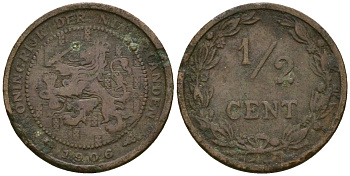 Нидерланды 1/2 цента 1906 Вильгельмина (1890-1948) KM 138 бронза 4169-456
