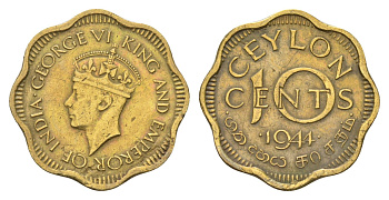 Цейлон 10 центов 1944 Георг VI (1936-1952), год-тип KM 118 никель латунь 4516-456