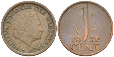 НИДЕРЛАНДЫ 1 ЦЕНТ 1959 ЮЛИАНА KM 180 бронза 3457-1013