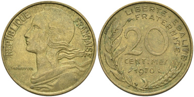 Франция 20 сантимов 1970 тип MARIANNE KM 930 медь алюминий никель 4584-513