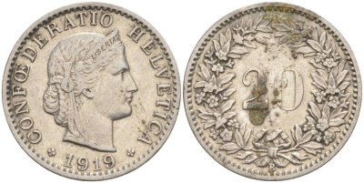 Швейцария 20 раппенов 1919 В KM 29 никель 55-631