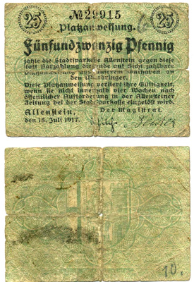 АЛЛЕНШТЕЙН 25 пфеннигов 1917 15 июля 1917, НОТГЕЛЬД, ЗЕМЛЯ ПОМЕРАНИЯ Grabowski А6.1b бумага 00-00