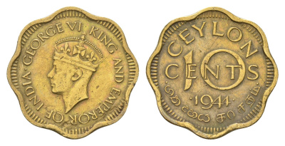 Цейлон 10 центов 1944 Георг VI (1936-1952), год-тип KM 118 никель латунь 4516-456