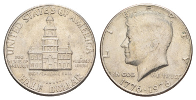 США 1/2 доллара (50 центов) 1976 200 лет независимости, Джон Кеннеди KM 205 медь плакированная медно-никелем aUNC 4545-522