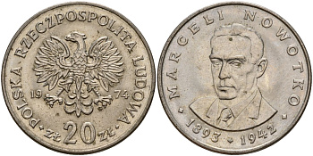 Польша 20 злотых 1974 MW, Марцелий Новотко KM 69, Parchimowicz 246 медно-никель 4157-1025