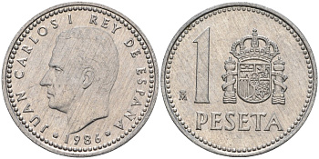 Испания 1 песета 1986 M, Хуан Карлос I (1975-2014) KM 821 алюминий 4402-426