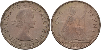 Великобритания 1 пенни 1966 Елизавета II (1952-2022) KM 897, Spink 4157 бронза 4593-244