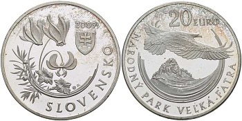 СЛОВАКИЯ 20 ЕВРО 2009 НАЦИОНАЛЬНЫЙ ПАРК И ГОРНЫЙ МАССИВ ВЕЛЬКА-ФАТРА, ТИРАЖ 12600 ЭКЗ. KM 109 серебро PROOF 02-109-41