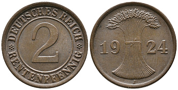 ГЕРМАНИЯ 2 РЕНТЕНПФЕННИГА 1924 J KM 31, J. 307 бронза 24-534