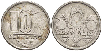 Бразилия 10 сентаво 1989 золотодобыча KM 613 нержавеющая сталь 105-1234