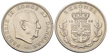 Дания 5 крон 1966 KM 853 медно-никель UNC 57-621
