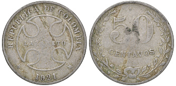 Колумбия 50 сентаво 1921 государственный лепрозорий KM L13 медно-никель 53-931