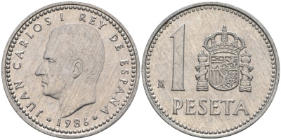 Испания 1 песета 1986 M, Хуан Карлос I (1975-2014) KM 821 алюминий 4402-426