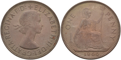 Великобритания 1 пенни 1966 Елизавета II (1952-2022) KM 897, Spink 4157 бронза 4593-244