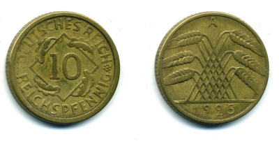 ГЕРМАНИЯ 10 РЕЙХСПФЕННИГОВ 1925 A KM 40, J.317 алюминиевая бронза 54-532