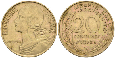 Франция 20 сантимов 1972 тип Марианна KM 930 медь алюминий никель 4116-524