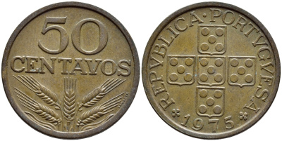 ПОРТУГАЛИЯ 50 СЕНТАВО 1975 KM 596 бронза 4395-843