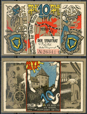 Германия, Милау 10 пфеннигов 1921 нотгельд, городские виды Grabowski 921.1 бумага UNC (пресс) 444-63-3-2