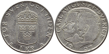Швеция 1 крона 1997 Карл XVI Густав (1973- ) KM 852a медно-никель 4381-535