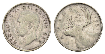Канада 25 центов 1951 Георг VI (1936-1952), олень KM 44 серебро 4678-1133