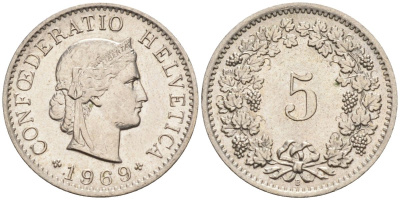 Швейцария 5 раппенов 1969 В KM 26 медно-никель 4594-622