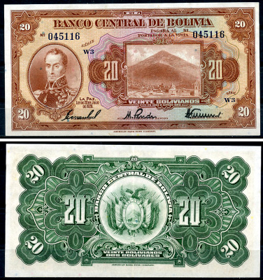 Боливия 20 боливиано 1928 Симон Боливар, Потоси, серия W3 Pick 122 a (9)  бумага  aUNC 444-36-3-2