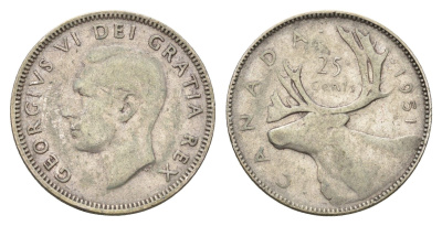 Канада 25 центов 1951 Георг VI (1936-1952), олень KM 44 серебро 4678-1133