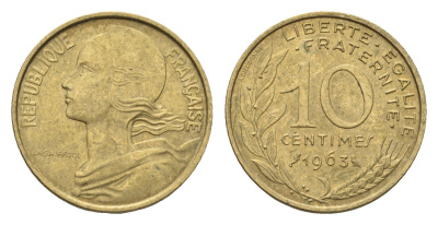 Франция 10 сантимов 1963 KM 929 алюминиевая бронза 4674-557