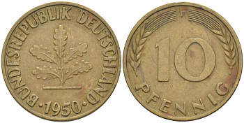 ФРГ 10 пфеннигов 1950 F KM 108, J.383 сталь плакированная латунью 219-1047