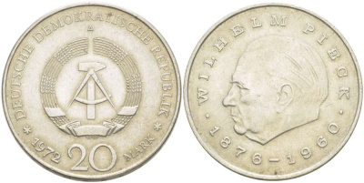 ГДР 20 марок 1972 А, Вильгельм Пик (1876-1960) KM 42 медно-никель 4521-442