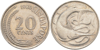 Сингапур 20 центов 1980 голубой марлин, тунец KM 4 медно-никель 219-1031