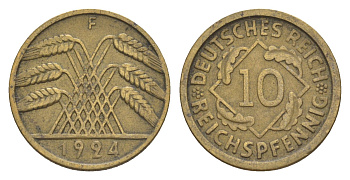 Германия 10 рейхспфеннигов 1924 F KM 40, J. 317 алюминиевая бронза 4640-354