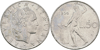 Италия 50 лир 1956 R, бог огня Вулкан у наковальни KM 95.1 нержавеющая сталь 4171-1017