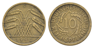 Германия 10 рейхспфеннигов 1924 F KM 40, J. 317 алюминиевая бронза 4640-354