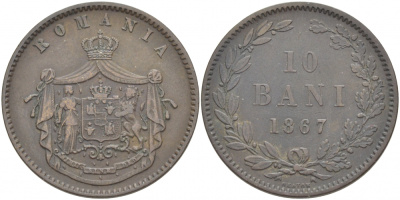 Румыния 10 бани 1867 монетный двор Heaton (Хитон), Кароль I как принц (1866-1881) KM 4.1 медь 1515-2134