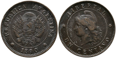 Аргентина 1 сентаво 1890 голова свободы влево KM 7 бронза 4525-1031