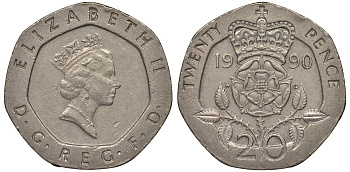 Великобритания 20 пенсов 1990 Елизавета II (1952-2022) KM 939, Spink 4361 (G2) медно-никель 4122-1121