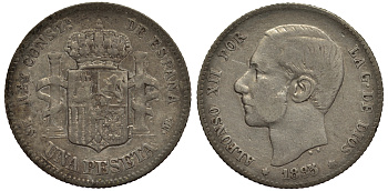 Испания 1 песета 1885 (85), MS-M, Альфонсо XII (1874-1885) KM 686 (Y-B76) серебро 1530-643