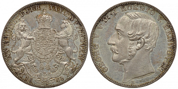 Брауншвейг-Каленберг-Ганновер 1 талер 1865 B, Георг V (1851-1866) KM 230, AKS 144, Dav. 682, Kahnt 239, Thun 174 серебро UNC 00-809-34